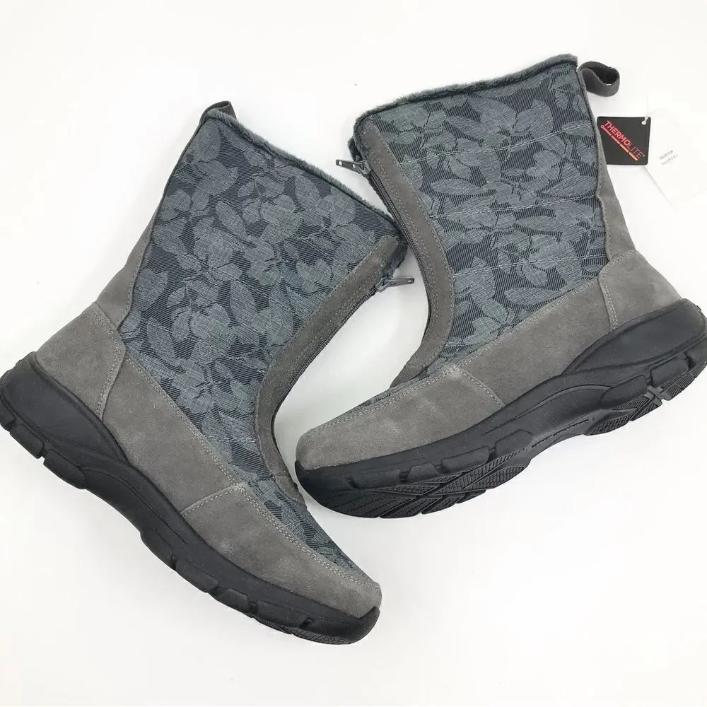 Land’s End Gray Suede Floral Canvas Front Zip Faux Fur Lined Thermolite Boot NEW
